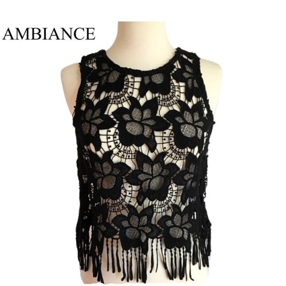 Ambiance Tops - NWT AMBIANCE Black Sleeveless Crochet Fringe Top